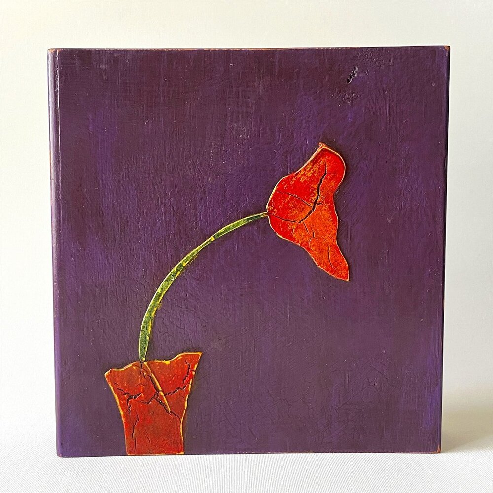 Original Abstract Floral Art Wellington Lambert Flower Relief on Wood Signed
